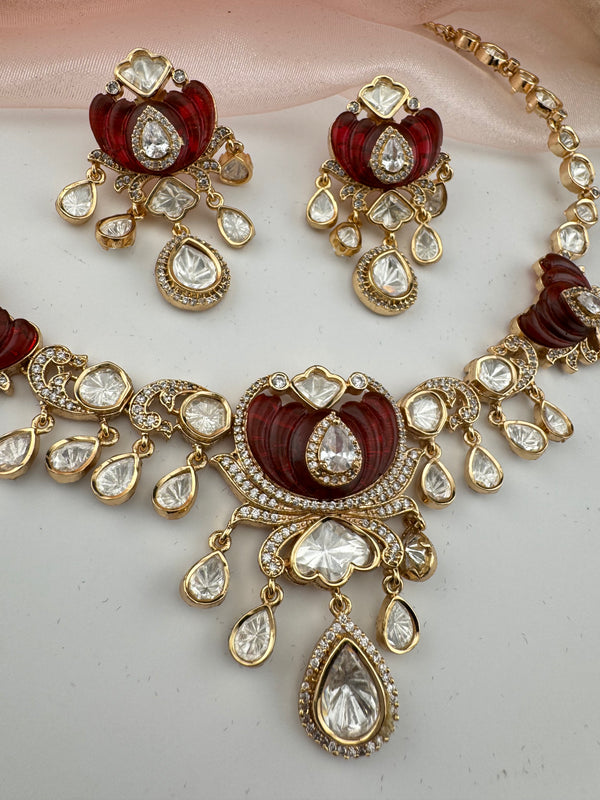Kundan, Moissanite, MOP, CZ Flexible Gold necklace set, Indian Bridal Jewelry