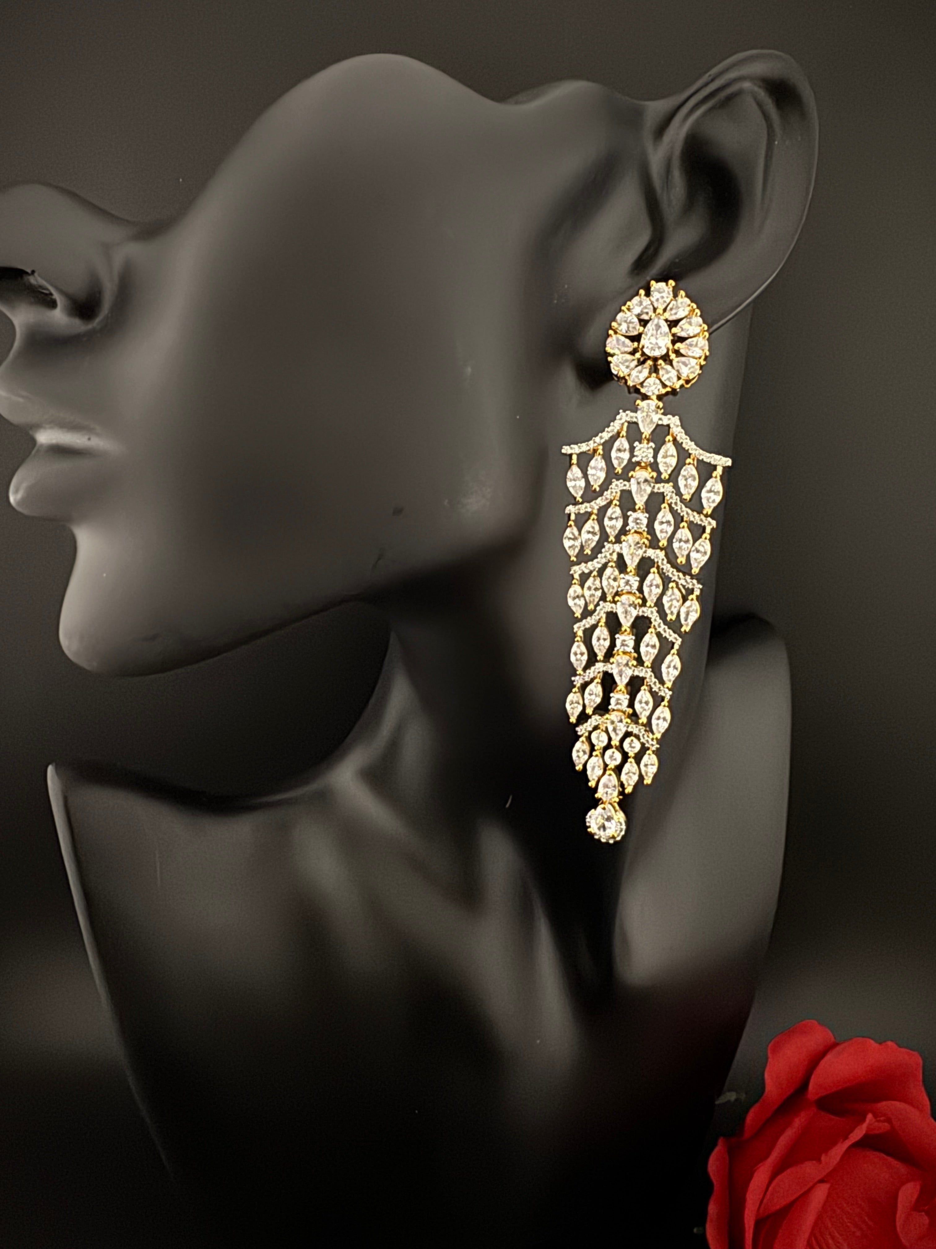Premium Cubic Zirconia Chandelier Long earrings is designer Inspired, Statement Long earring, Bridal, Party, Wedding jewelry, Shiny