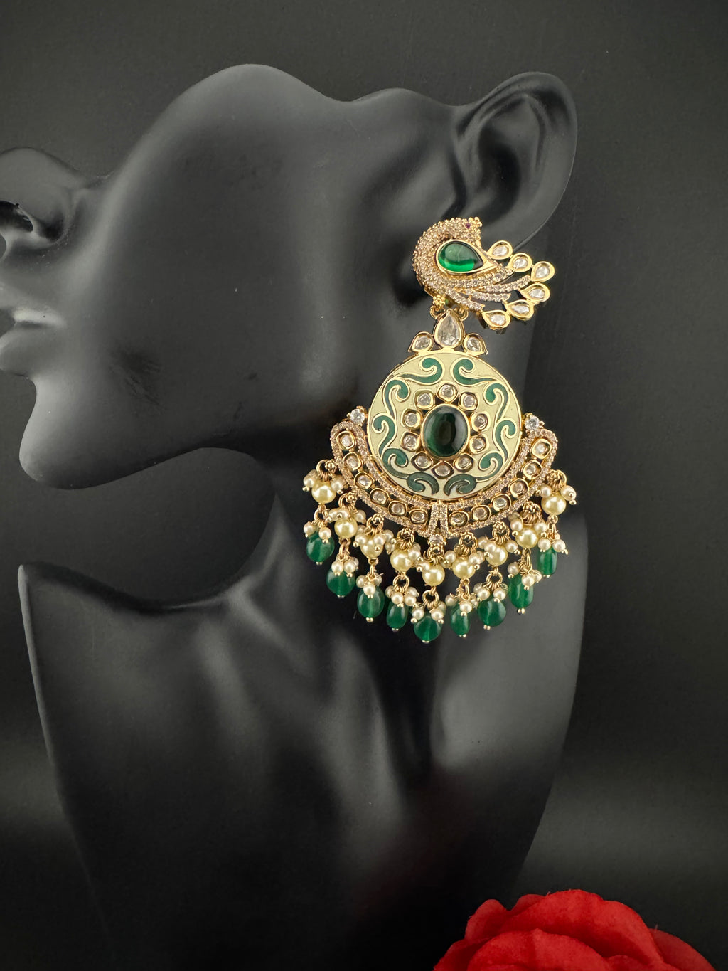 Enamel and Gold Kundan Chandelier Long Earrings, High shine Bridal Moissanite CZ, Designer Earrings