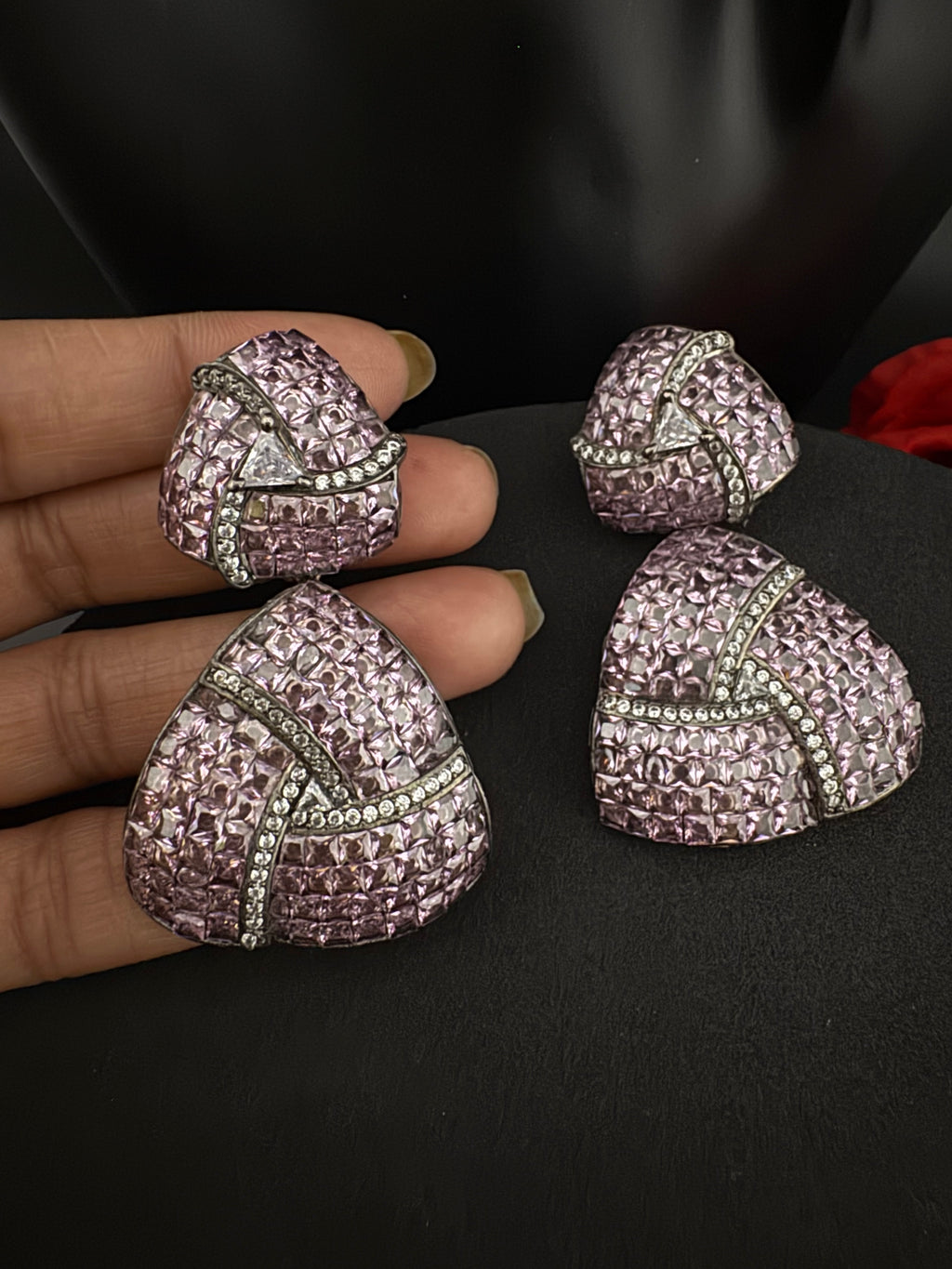 Premium Nano Setting Cubic Zirconia, Lavender Crystal stones in Unique setting is Victorian stylish designer Inspired Statement long earring