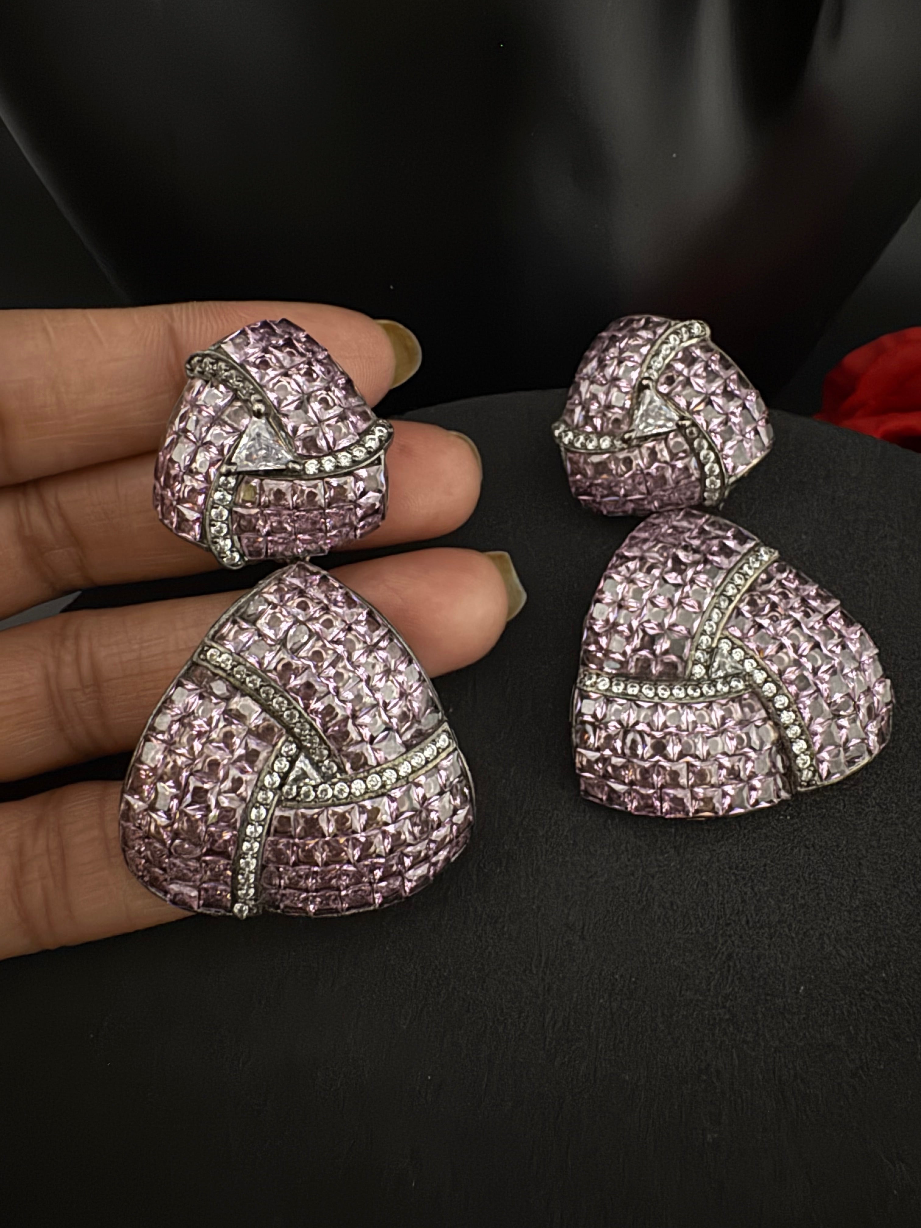 Premium Nano Setting Cubic Zirconia, Lavender Crystal stones in Unique setting is Victorian stylish designer Inspired Statement long earring