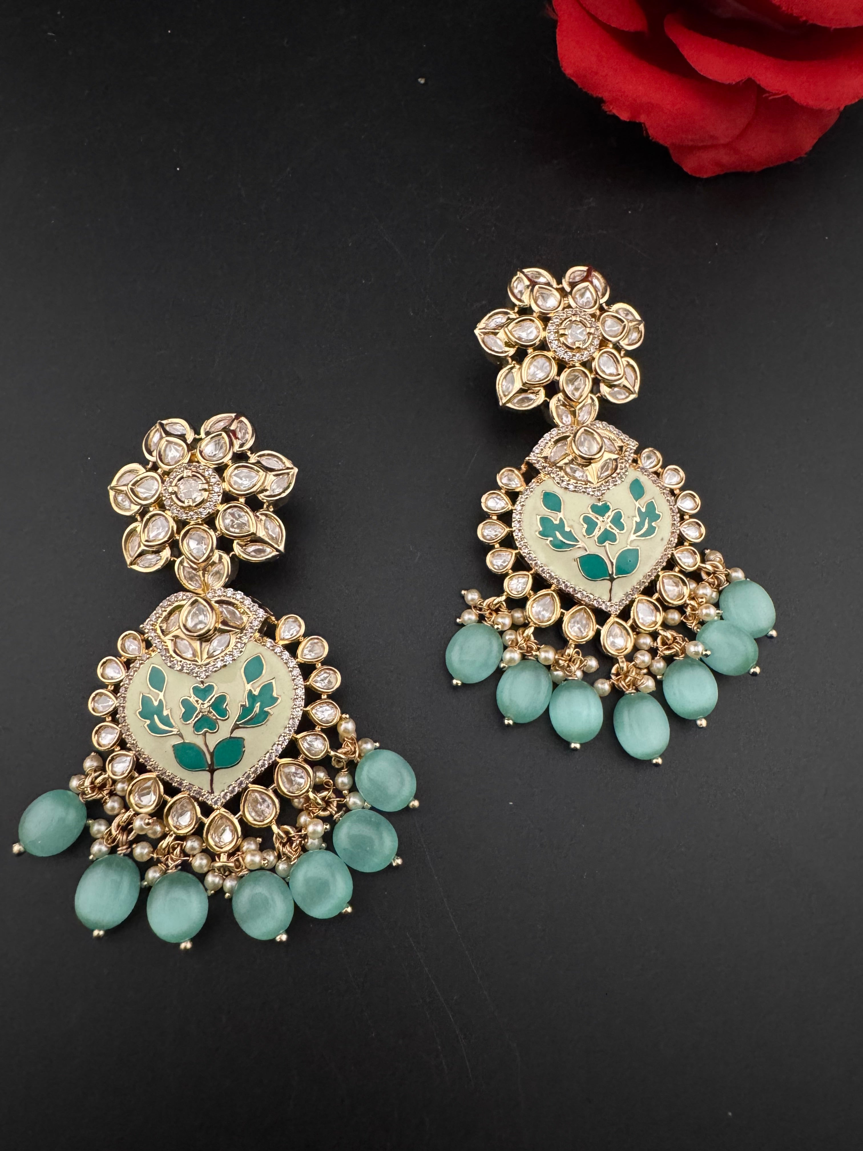 Enamel and Gold Kundan Chandelier Long Earrings, High shine Bridal Moissanite CZ, Designer Earrings