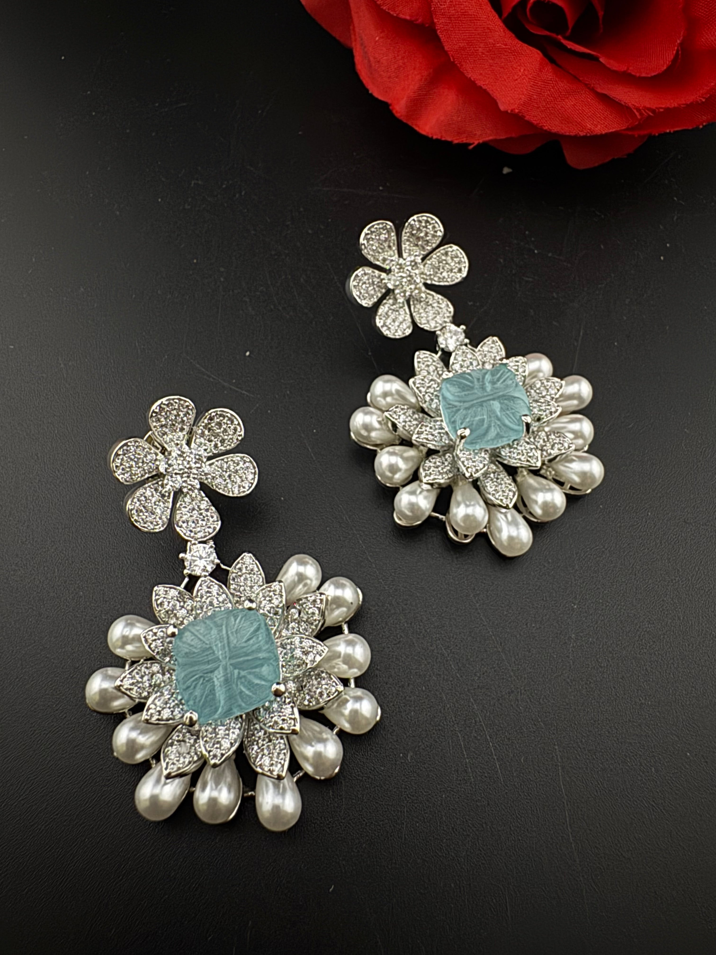 Premium Nano Setting Cubic Zirconia Carved Stone Pearls Drop earrings in unique 3D shape, stylish, Statement earring/Bridal Bridesmaid gift