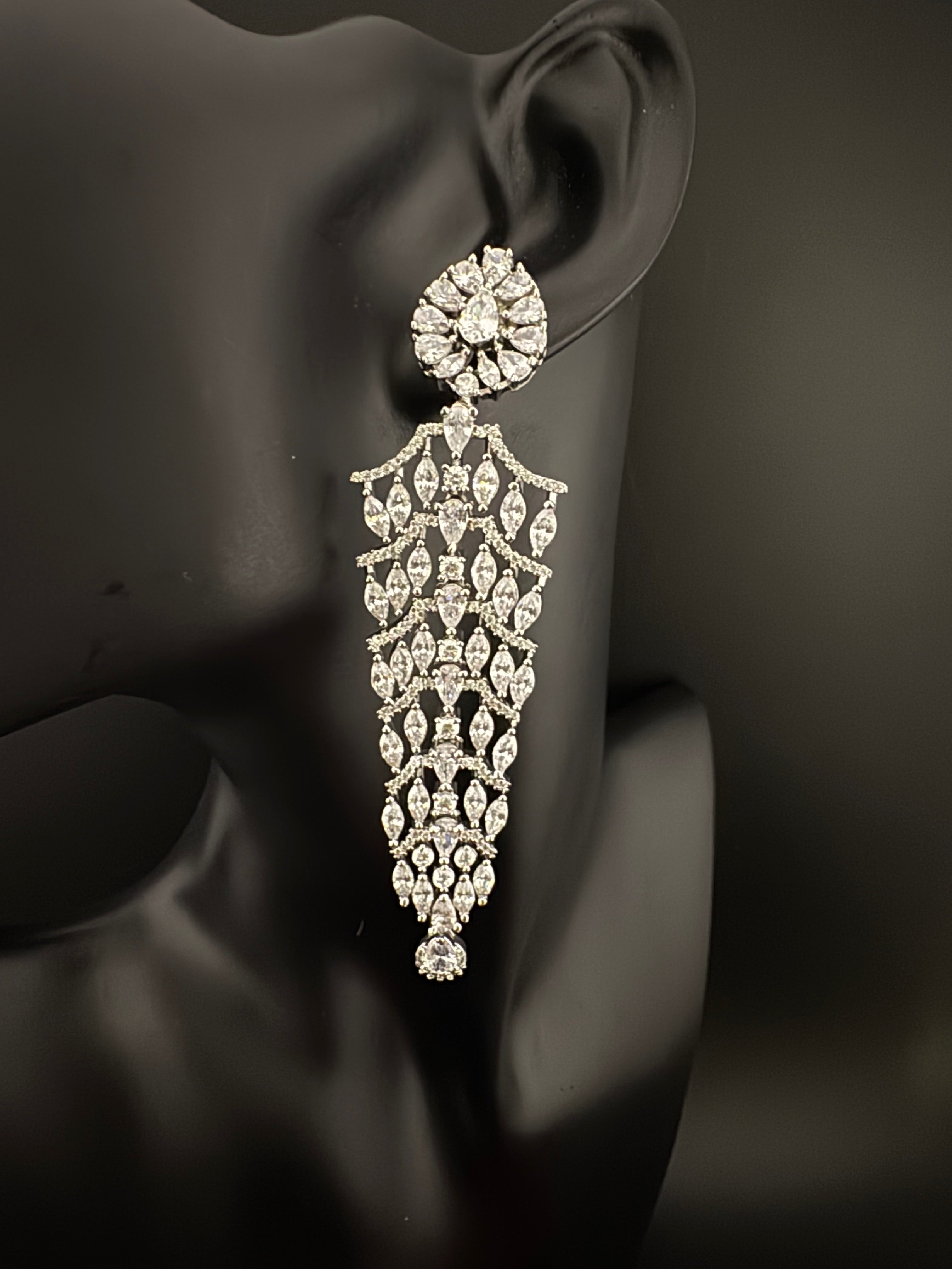 Premium Cubic Zirconia Chandelier Long earrings is designer Inspired, Statement Long earring, Bridal, Party, Wedding jewelry, Shiny