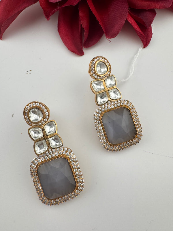 Gray and Gold Kundan, Stone Chandelier Drop Earrings, Bridal, Moissanite, CZ, Designer jewelry