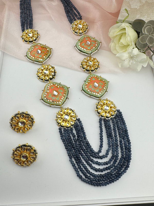 Kundan, Enamel, Minakari, Hydro Beads Long Gold Choker necklace set, Double sided Rani haar