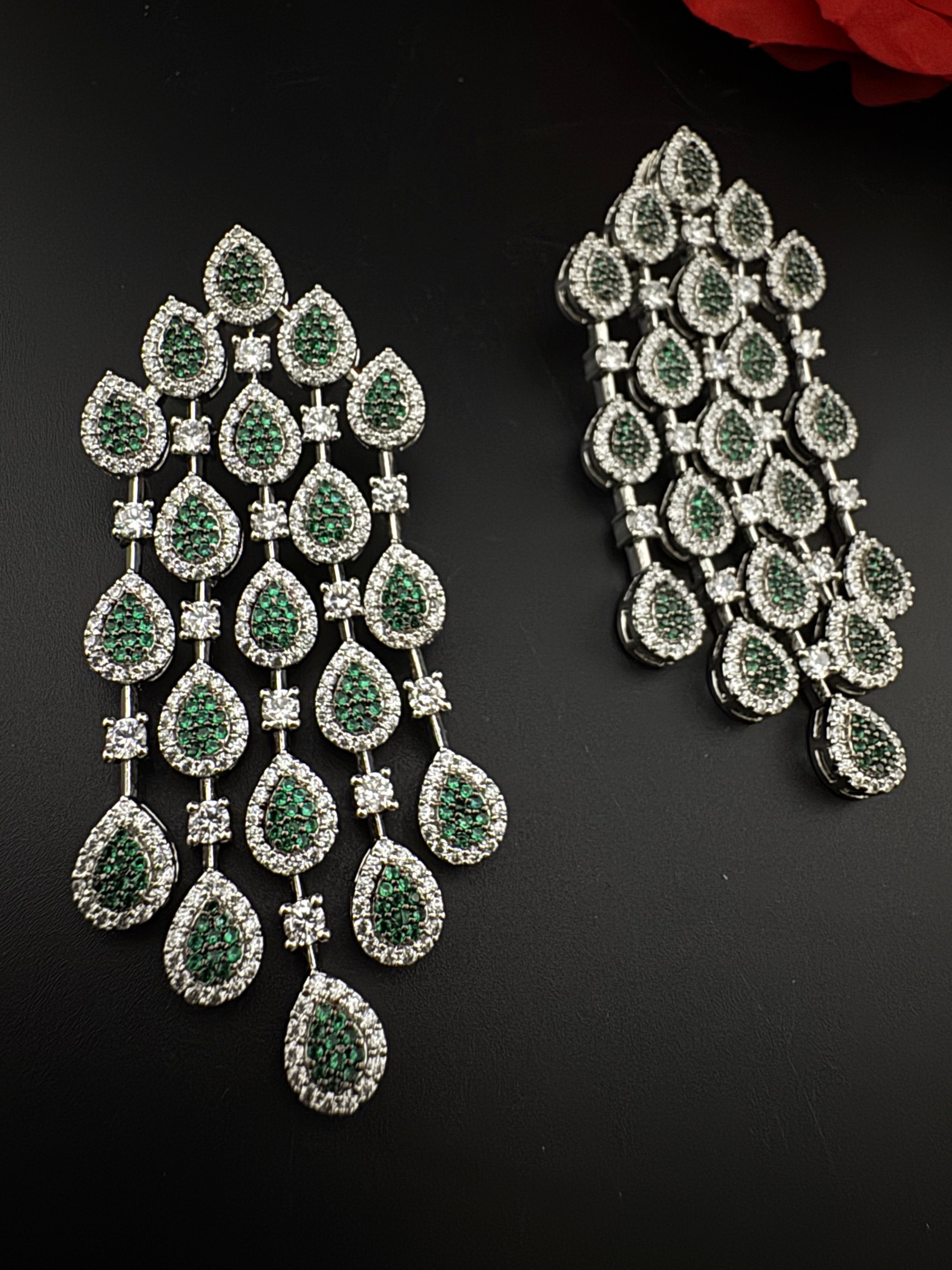 Premium Nano Setting Cubic Zirconia Long Chandelier earrings in Drop shape, stylish, designer Statement long earring/Bridal Bridesmaid