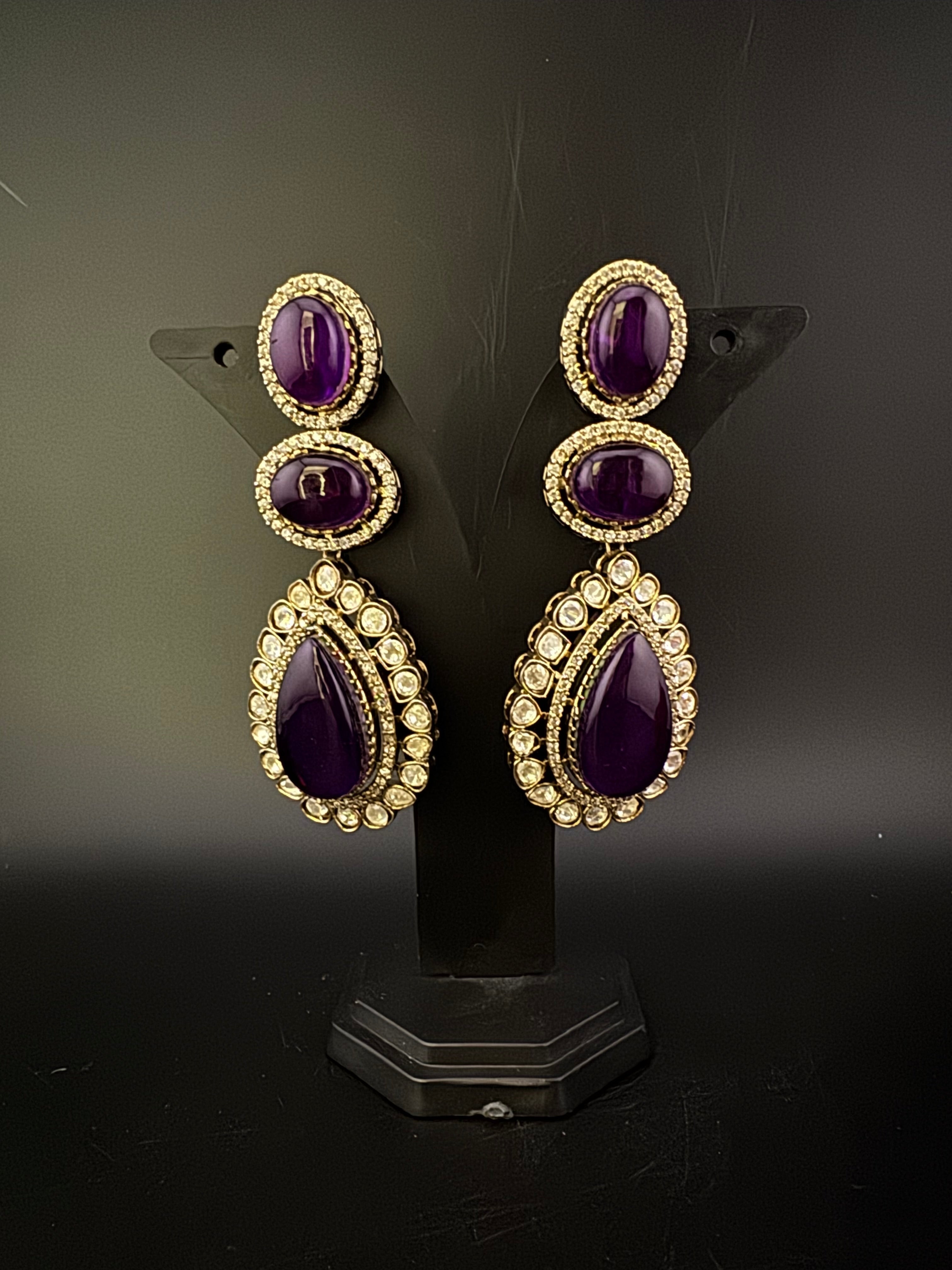 Purple and Gold Kundan, Doublet Stone Chandelier Long Earrings, Bridal, Moissanite, CZ, Designer jewelry