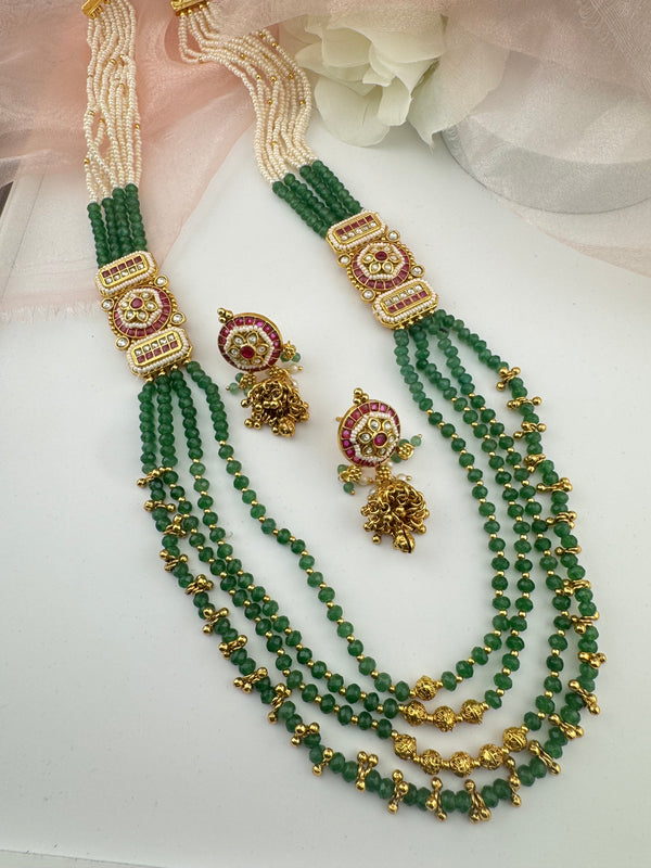 Rajwadi Kundan, Green hydro beads, Pachi, Pearl Long Gold Necklace Set, Indian Bridal Rani Haar
