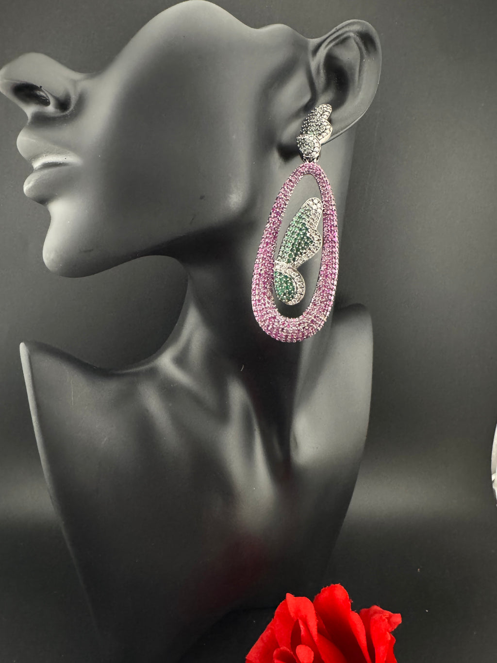 Premium Nano Setting Cubic Zirconia Victorian Long earrings in Butterfly Drop shape, designer Inspired Statement long drop dangle earrings