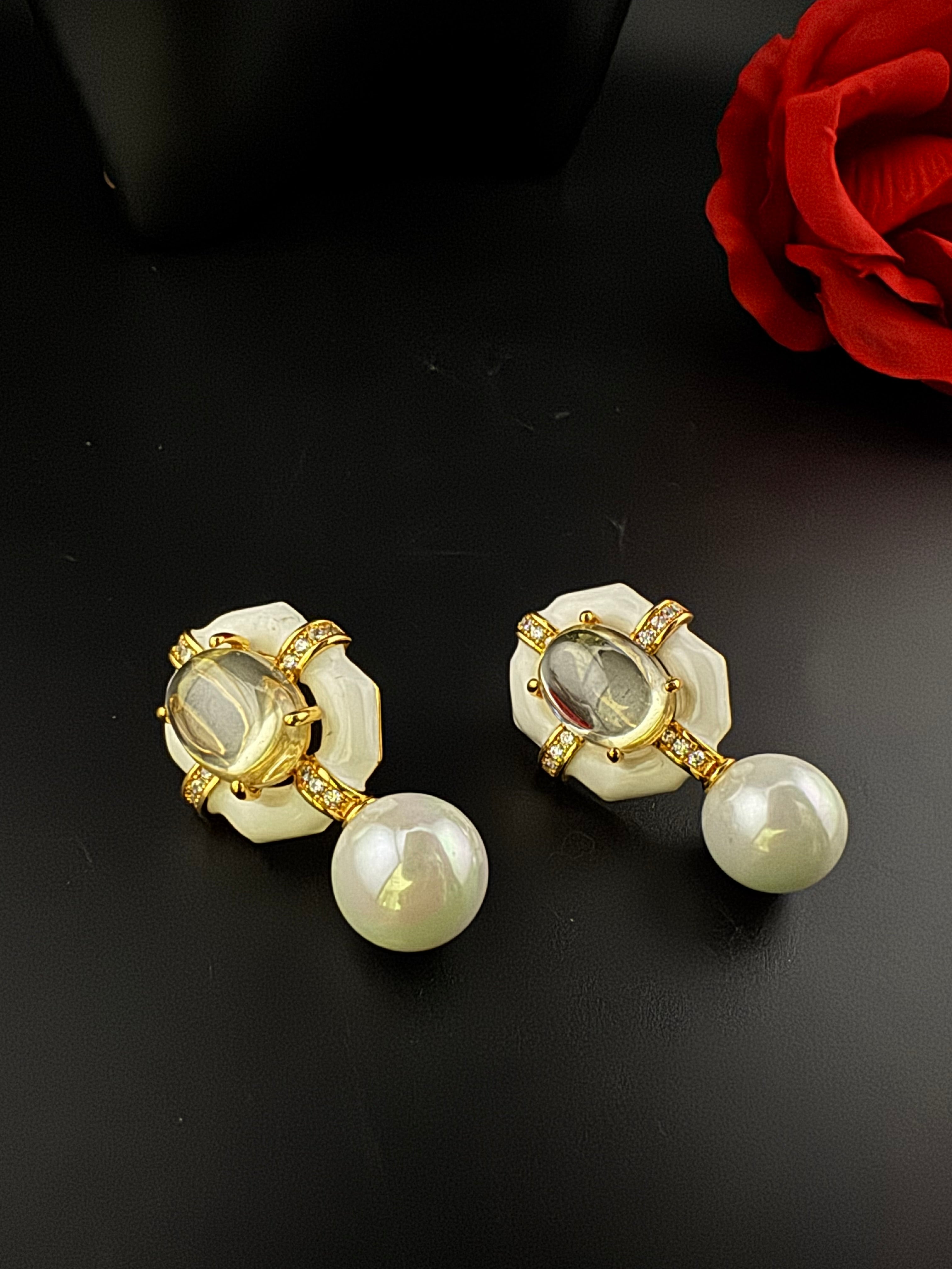 Designer inspired Enamel and Stone Pearls drop earrings, Statement jewelry, Indian Jewelry, Drop and Studs earrings, Bridesmaid Gift