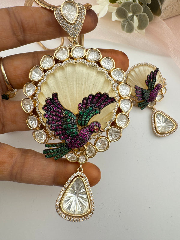 Kundan, CZ, MOP, Uncut Polki Long Pendant necklace set, 3D Pendant, everyday wear jewelry
