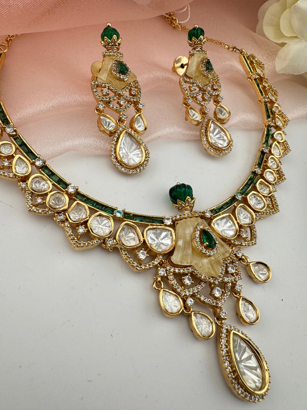 Kundan, Moissanite, MOP, CZ Flexible Gold necklace set, Indian Bridal Jewelry