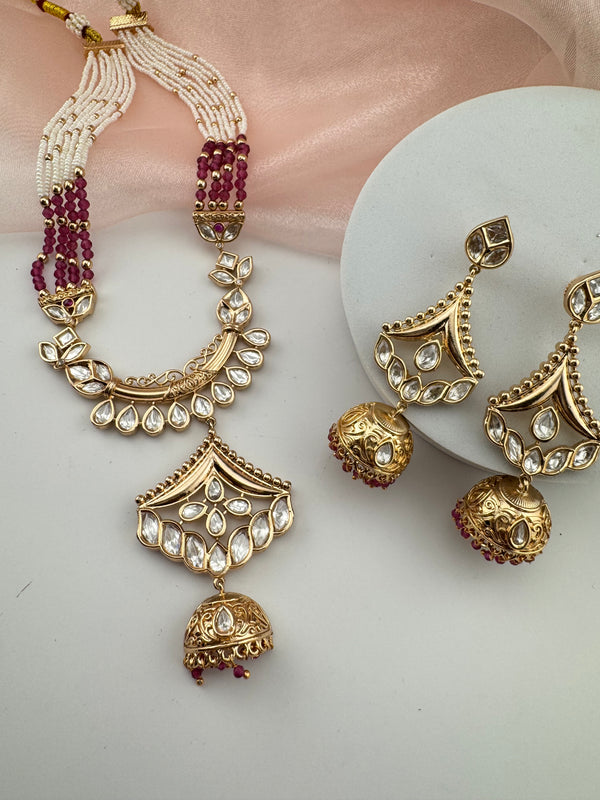 Kundan, Moissanite, Pearls Long Gold Choker necklace set, Indian Rani haar