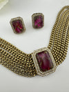 CZ, Mystic doublet stone, Antique gold tone Curb Link chain Choker necklace set with earrings