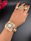 Ruby Green Moissanite Kundan, MOP, CZ Adjustable Bracelet Bangle, Gold Polish (Fits size 2.6")