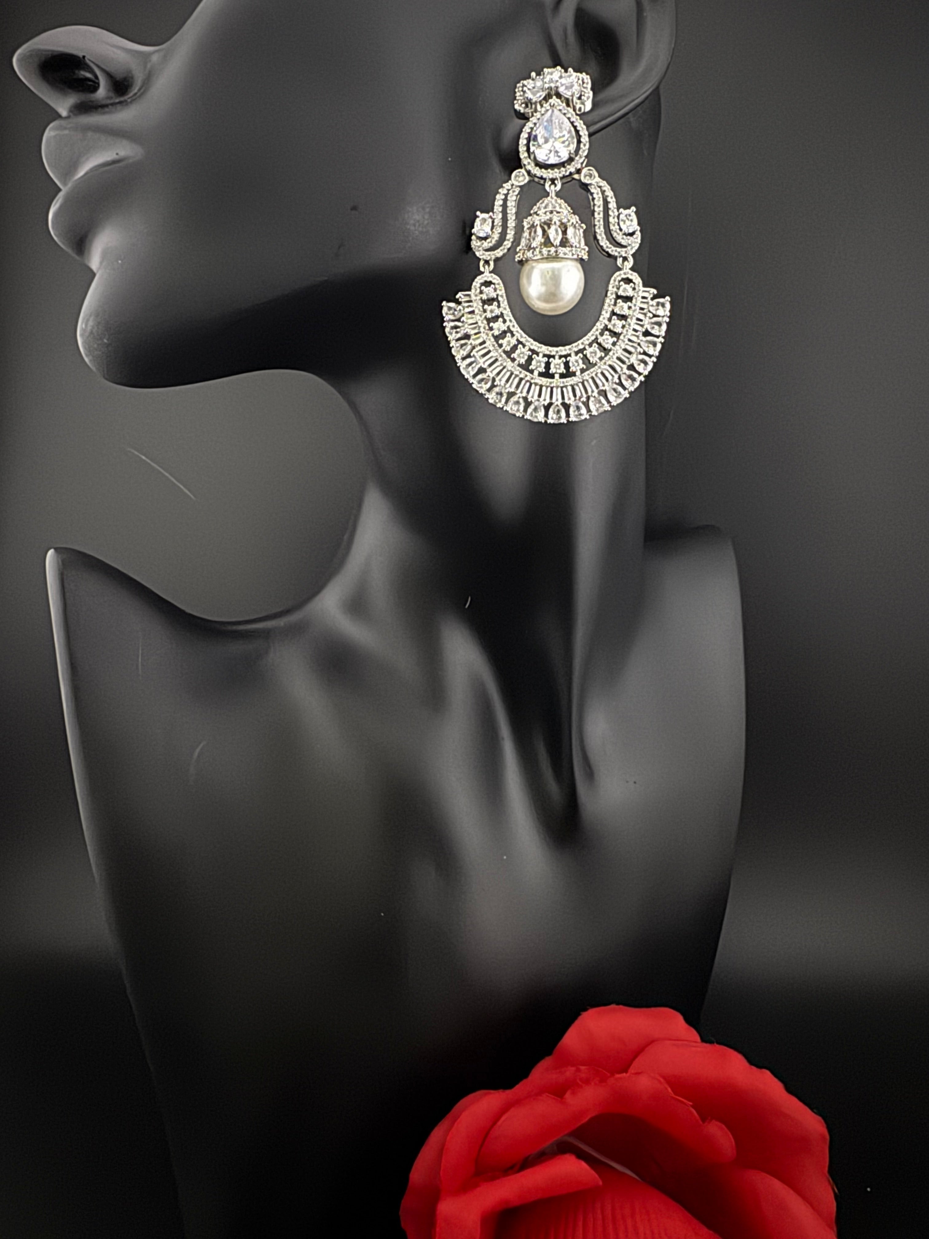 Premium Cubic Zirconia Pearl Chandelier Oversized earrings is designer Inspired, Statement Long earring, Bridal, Party, Wedding jewelry,