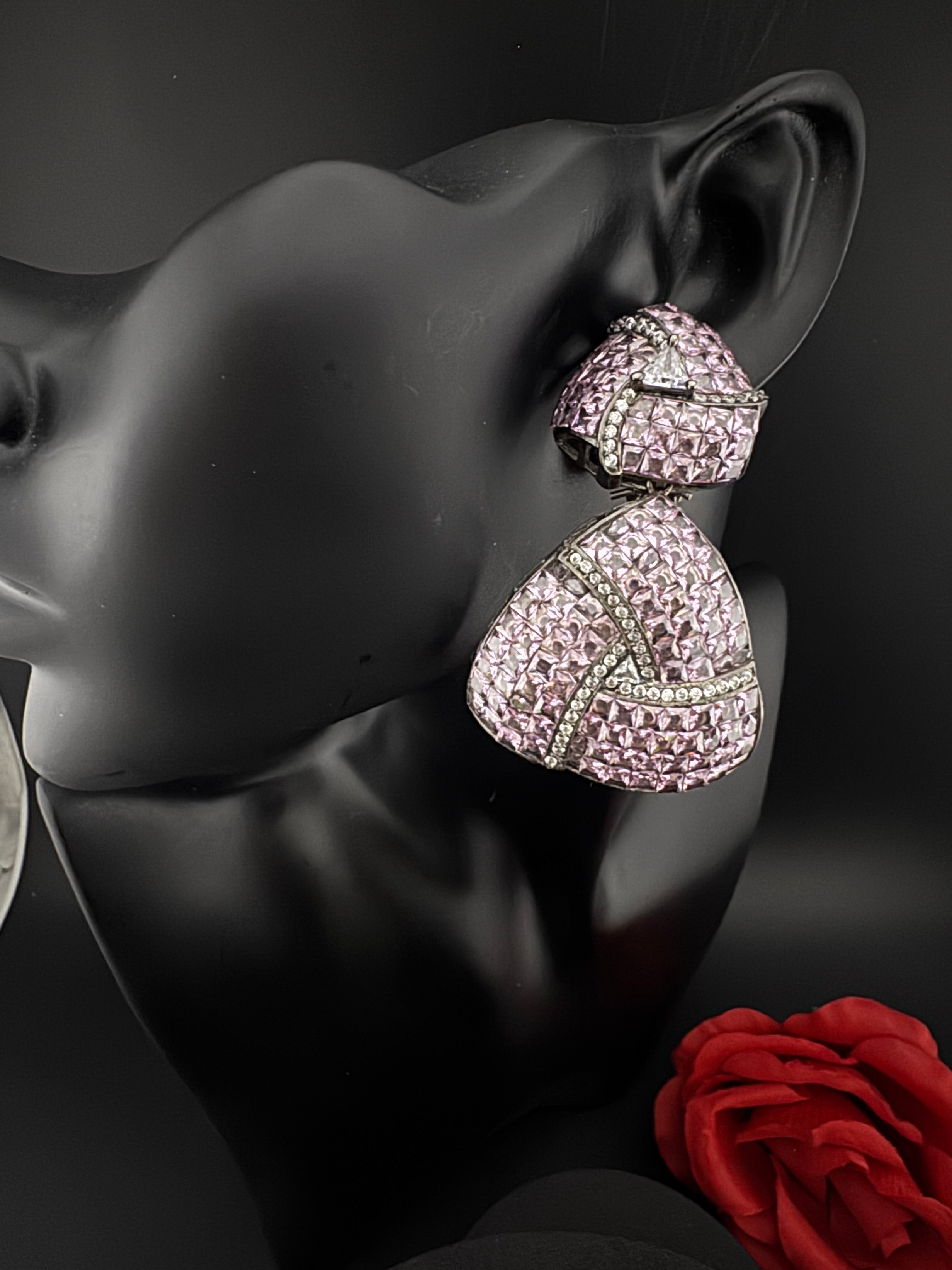 Premium Nano Setting Cubic Zirconia, Lavender Crystal stones in Unique setting is Victorian stylish designer Inspired Statement long earring