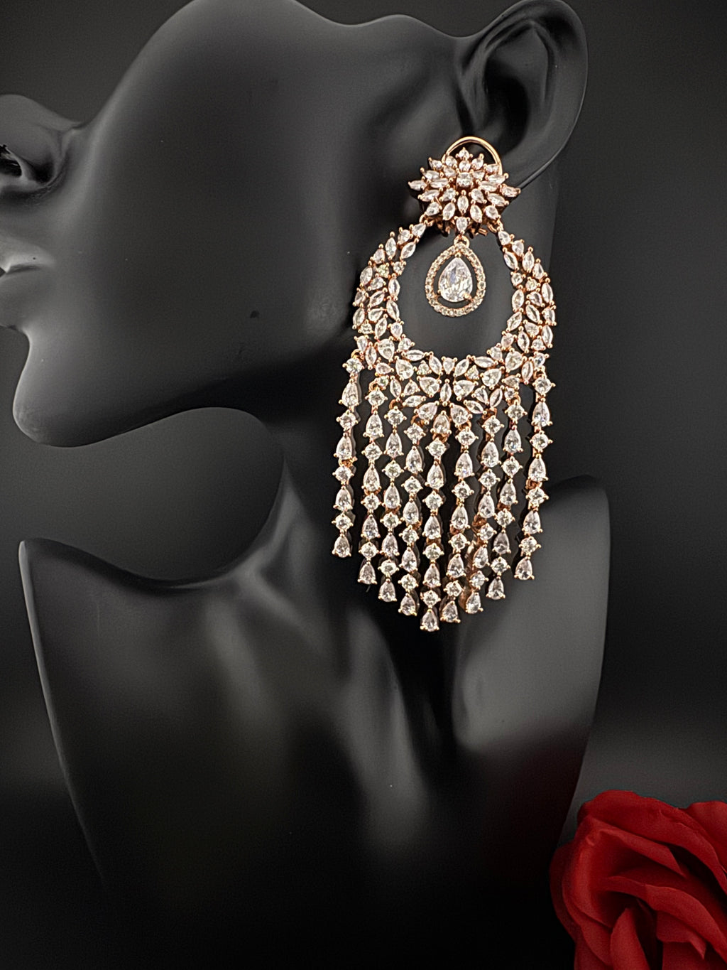 Premium Cubic Zirconia Chandelier Oversized earrings is designer Inspired, Statement Long earring, Bridal, Party, Wedding jewelry,