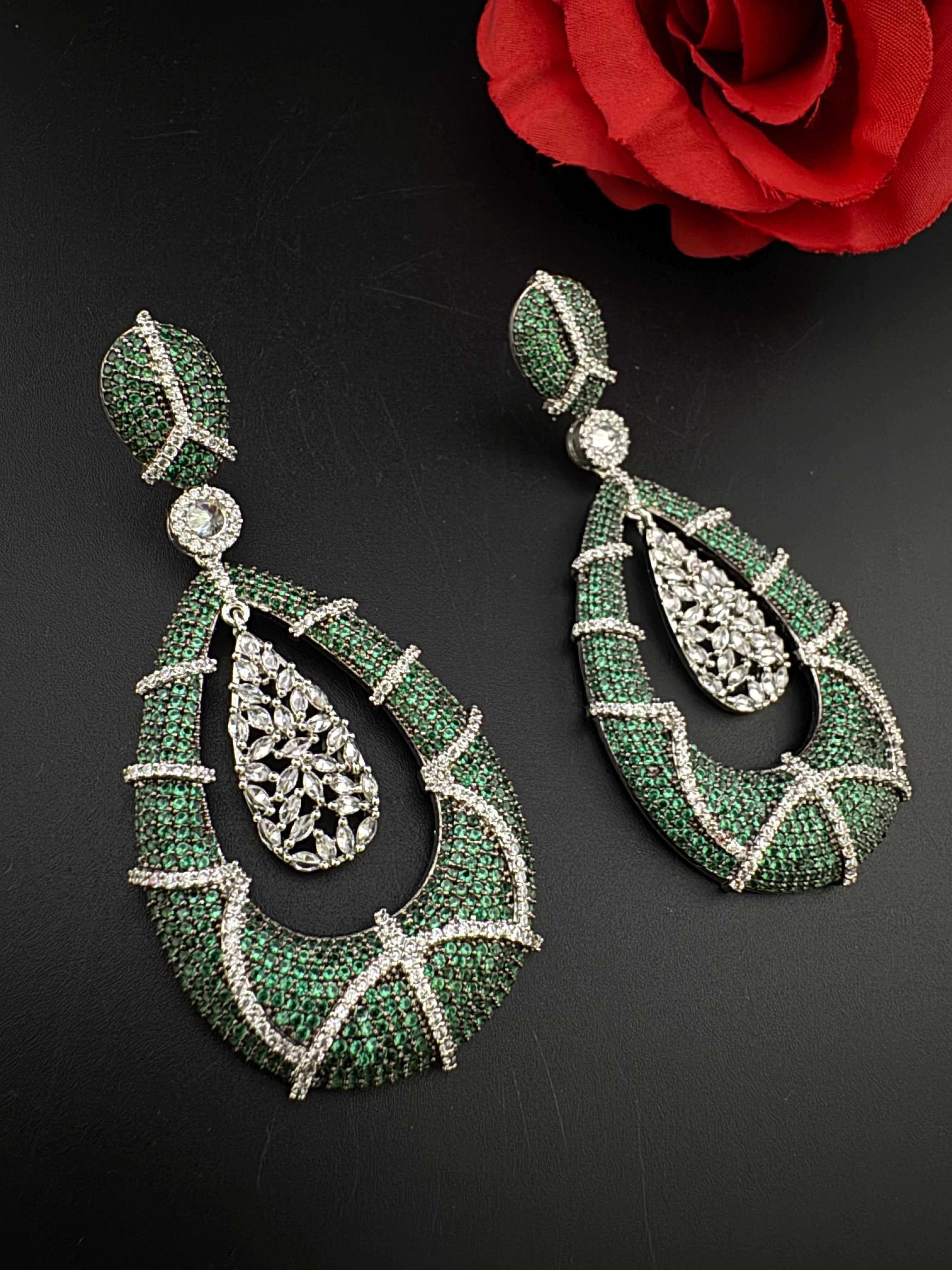 Premium Nano Setting Cubic Zirconia Long earrings in Drop shape, stylish, designer Inspired Statement long earring/Bridal Bridesmaid earring