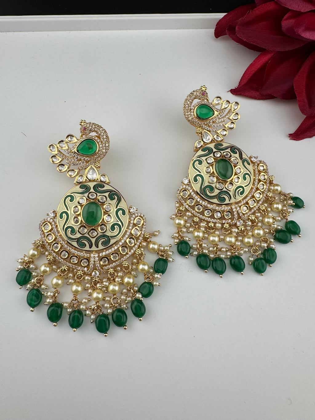 Enamel and Gold Kundan Chandelier Long Earrings, High shine Bridal Moissanite CZ, Designer Earrings