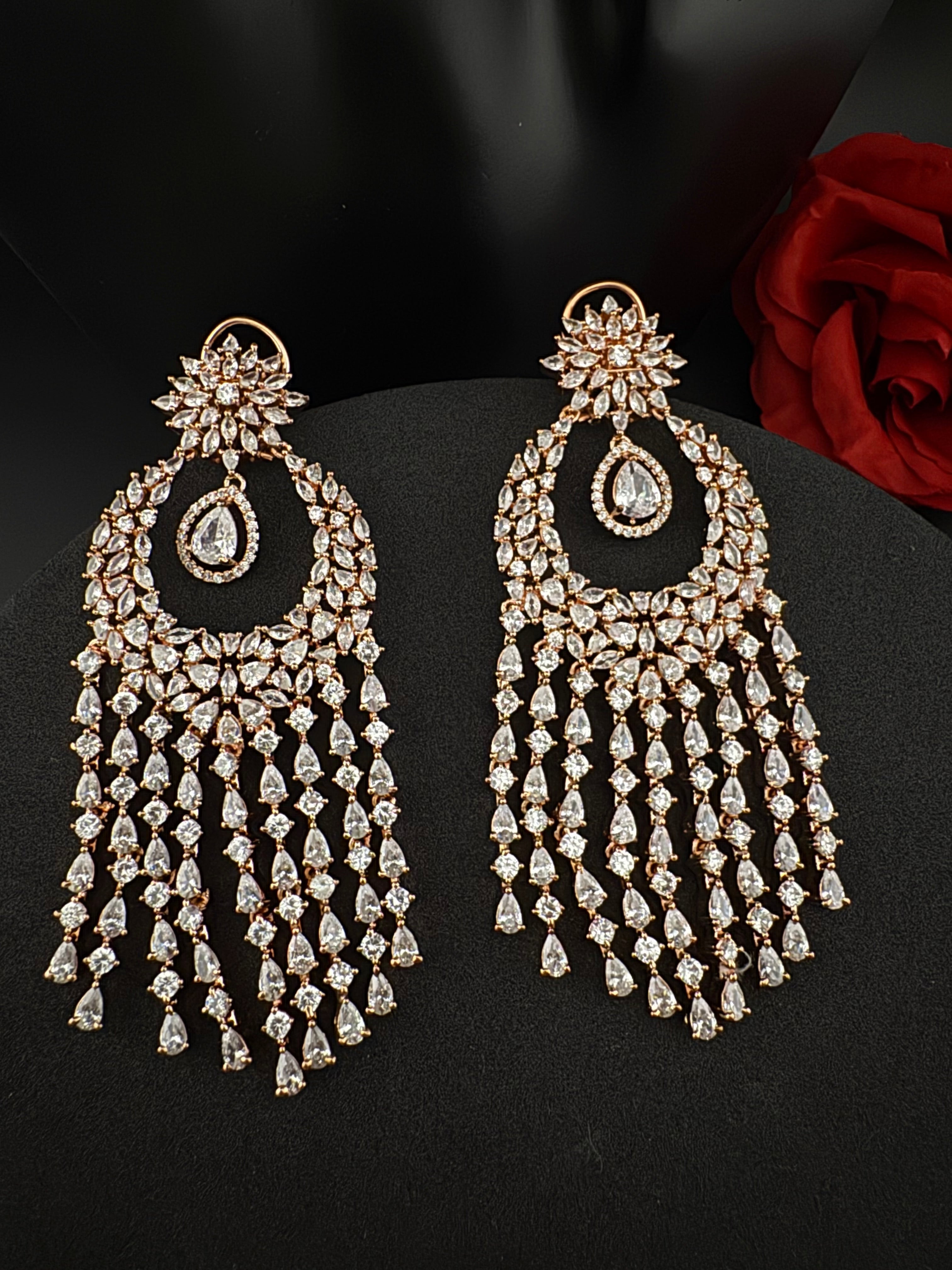 Premium Cubic Zirconia Chandelier Oversized earrings is designer Inspired, Statement Long earring, Bridal, Party, Wedding jewelry,