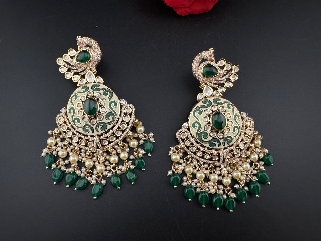 Enamel and Gold Kundan Chandelier Long Earrings, High shine Bridal Moissanite CZ, Designer Earrings