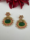 Gold and Green Carved stone, pacchi Kundan, Pearls Chandelier Chandbali Earrings, Bridal Designer jewelry