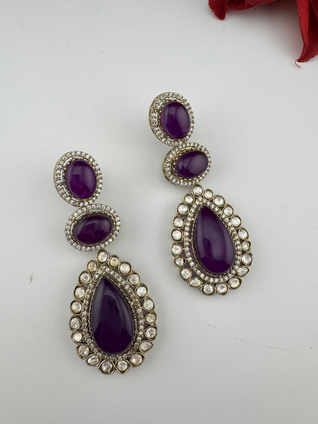 Purple and Gold Kundan, Doublet Stone Chandelier Long Earrings, Bridal, Moissanite, CZ, Designer jewelry