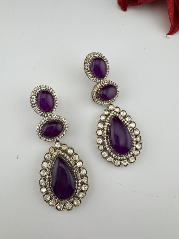 Purple and Gold Kundan, Doublet Stone Chandelier Long Earrings, Bridal, Moissanite, CZ, Designer jewelry