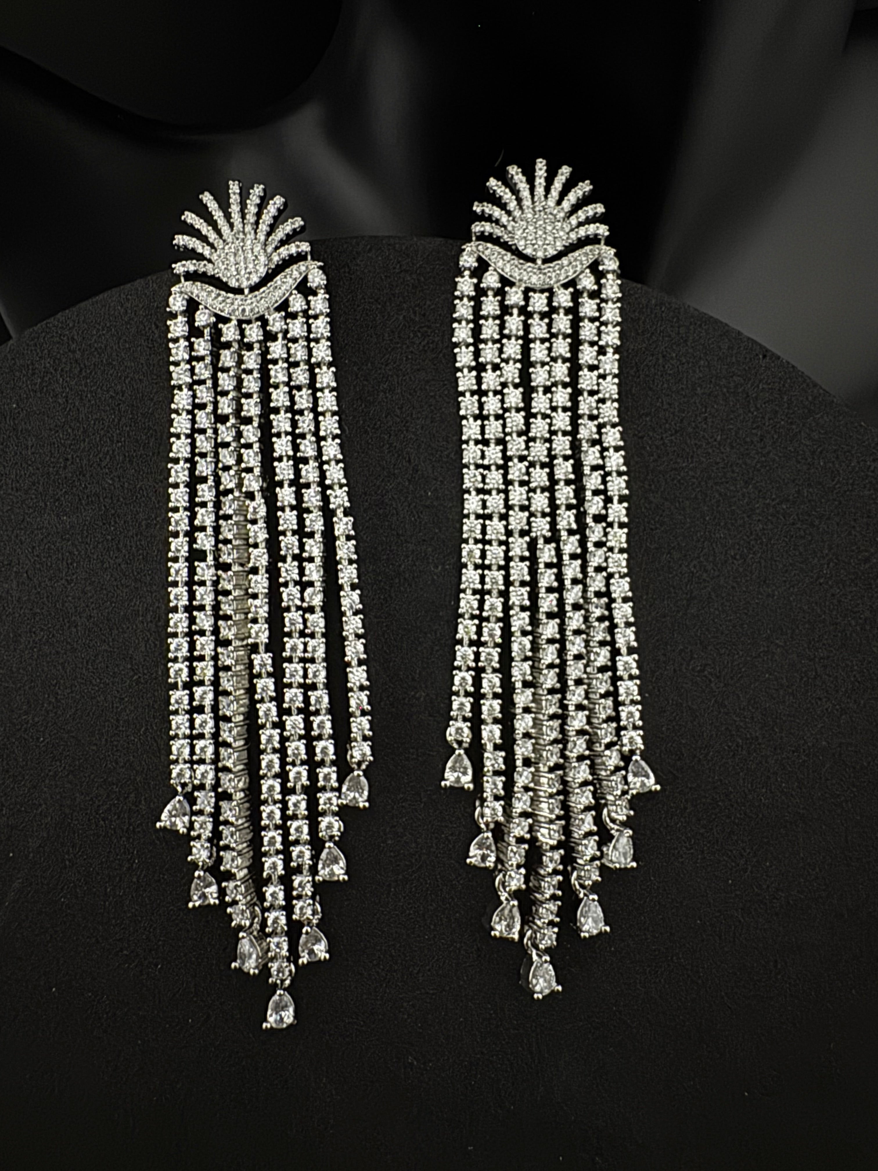 Premium Cubic Zirconia Chandelier extra long earrings, sun style long CZ tassel, Statement Long earring, Bridal, Party, Wedding jewelry