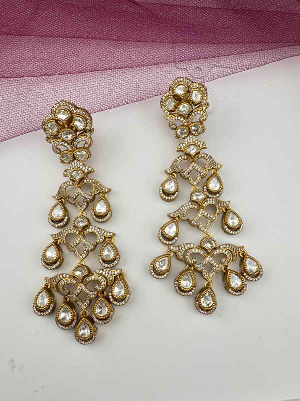 Gold with kundan, cubic zirconia chandbali Long Drop earrings, Indian Jewelry