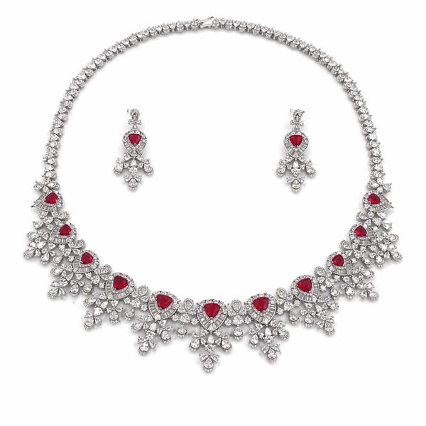 Ruby Swarovski Crystals and CZ Diamond all over Necklace Set, White Gold Plated set