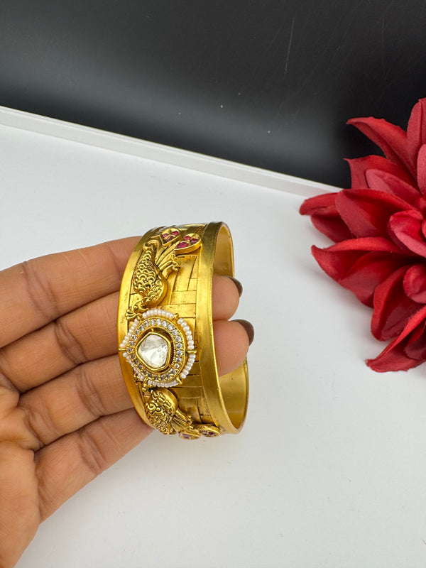 Moissanite Kundan, CZ, pearl Peacock Cuff Bracelet Bangle, Gold Polish Bangle (Fits 2.6" Diameter)