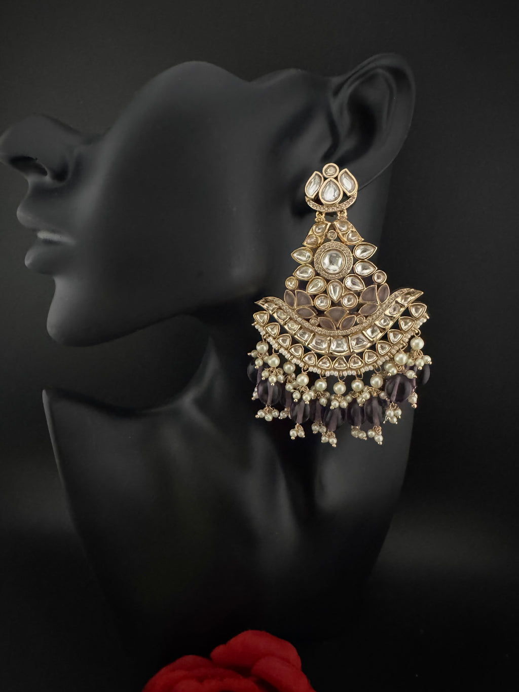 Purple and Gold Kundan Chandelier Earrinngs, High shine Bridal Moissanite CZ, Shiney Gold Designer