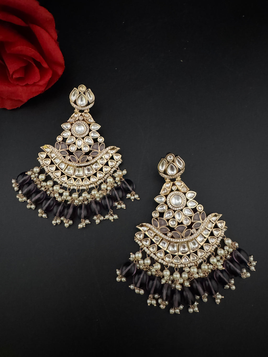 Purple and Gold Kundan Chandelier Earrinngs, High shine Bridal Moissanite CZ, Shiney Gold Designer