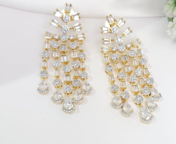 Crystal Stone chandelier long Earrings, Cubic Zirconia, AD, CZ, Indian Jewelry