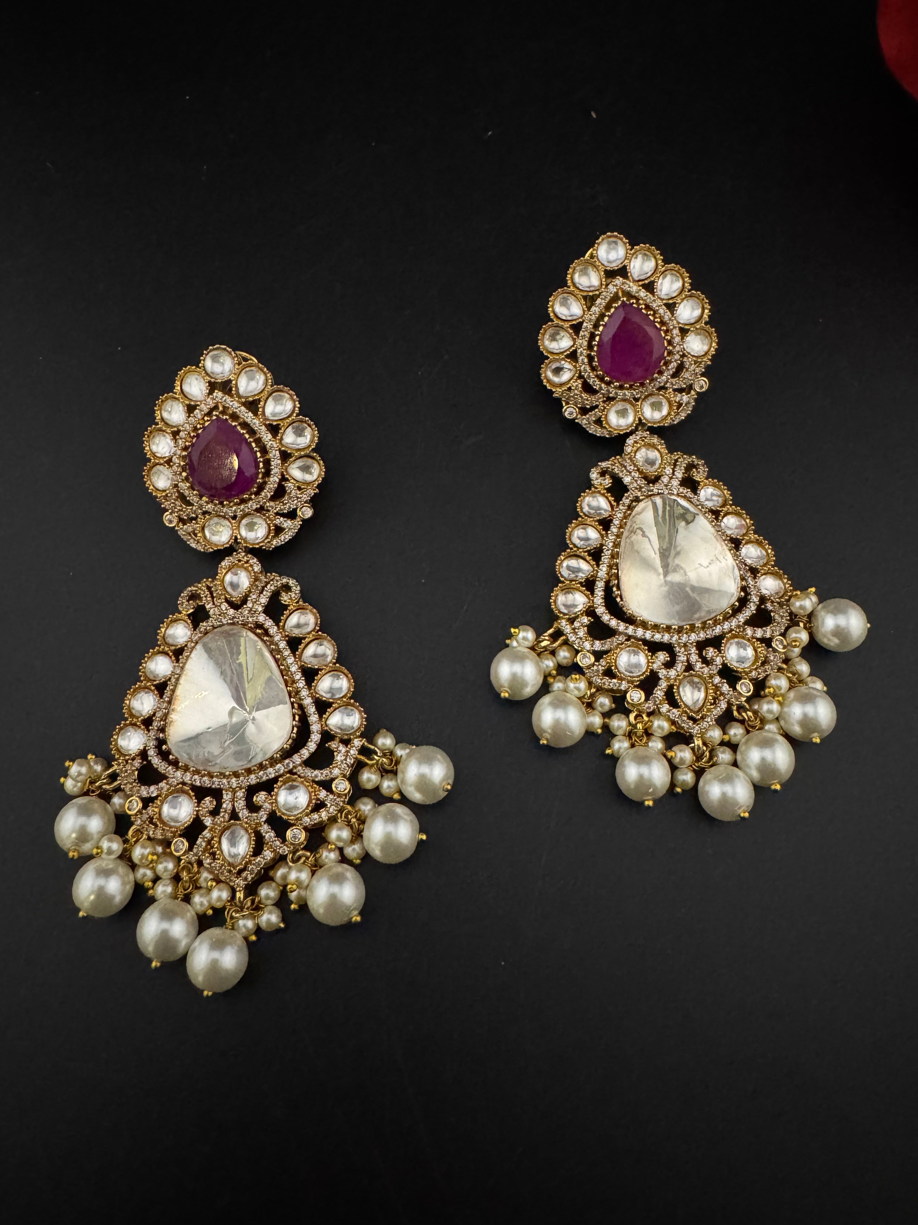 Purple and Gold Kundan, Pearls Chandelier Long Earrings, Bridal, Moissanite, CZ, Designer jewelry