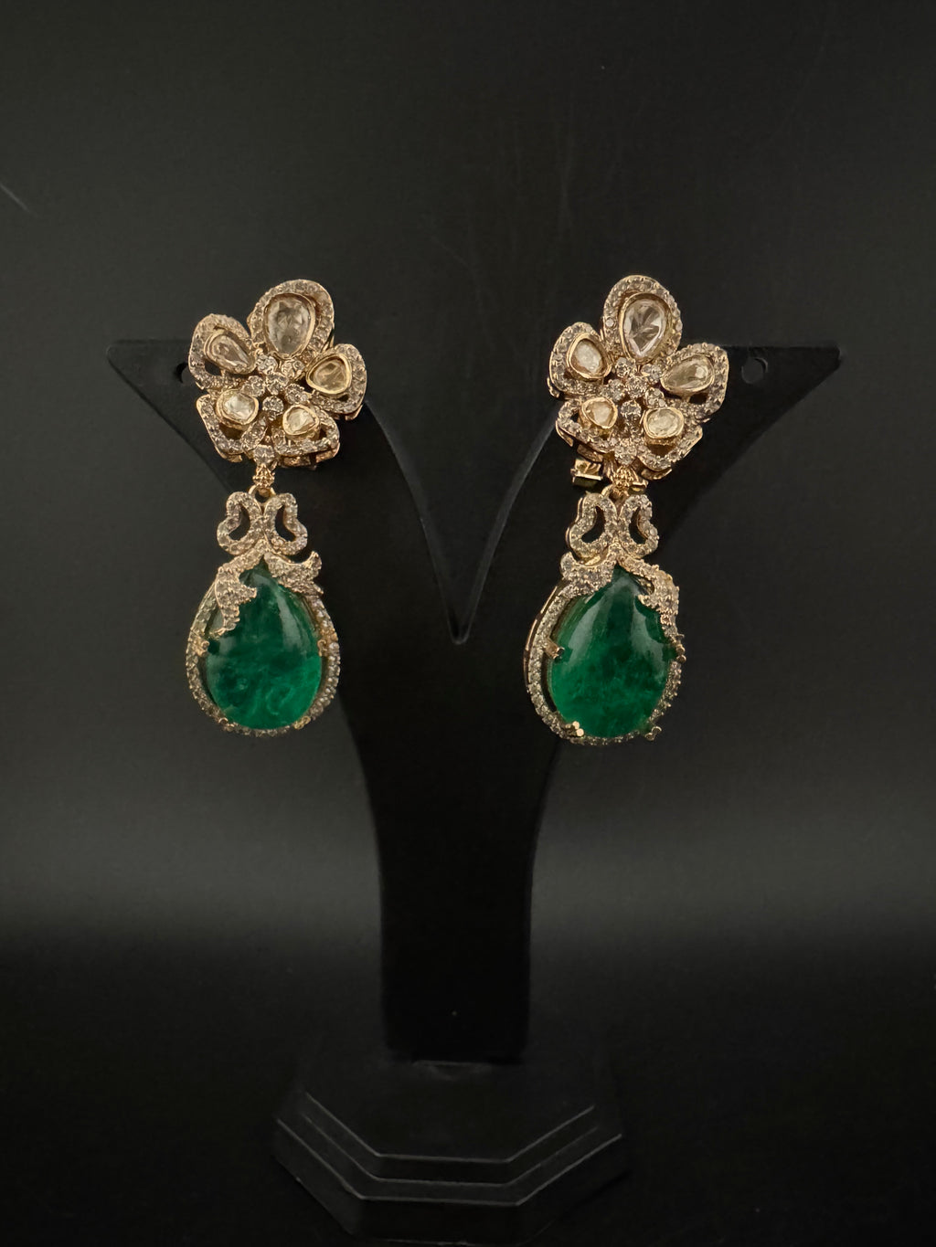 Green and Gold Kundan, Doublet Stone Chandelier Drop Earrings, Bridal, Moissanite, CZ, Designer jewelry