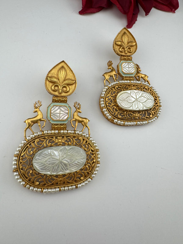 Antique Gold, Enamel, Mother of Pearl Chandbali Dangle Earrings, Amrapali inspired Designer jewelry