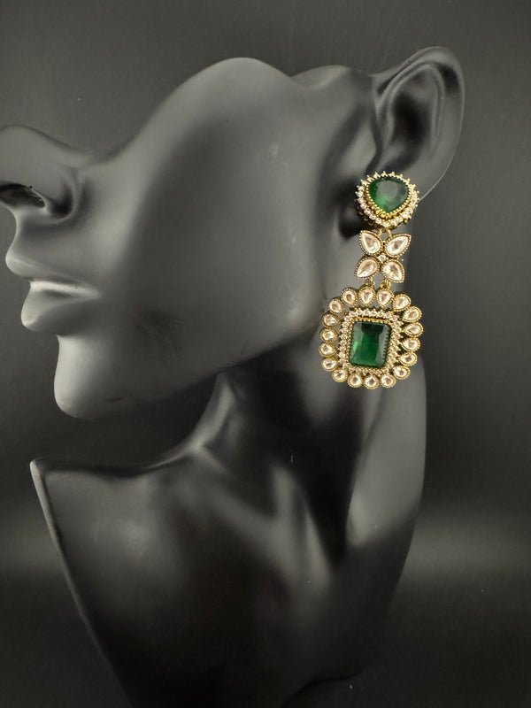Green and Gold Kundan, Stone Chandelier Drop Earrings, Bridal, Moissanite, CZ, Designer jewelry