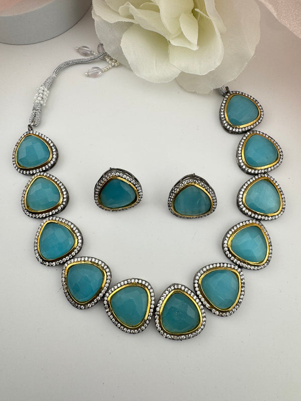 Stones, CZ Gold Plated Collar necklace set, Indian Bridal Jewelry set