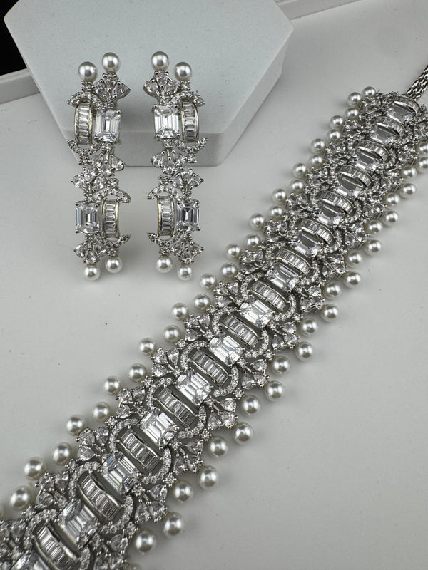 Step cut Crystals and CZ Diamond Statement Necklace Set, White Gold Plated Choker set