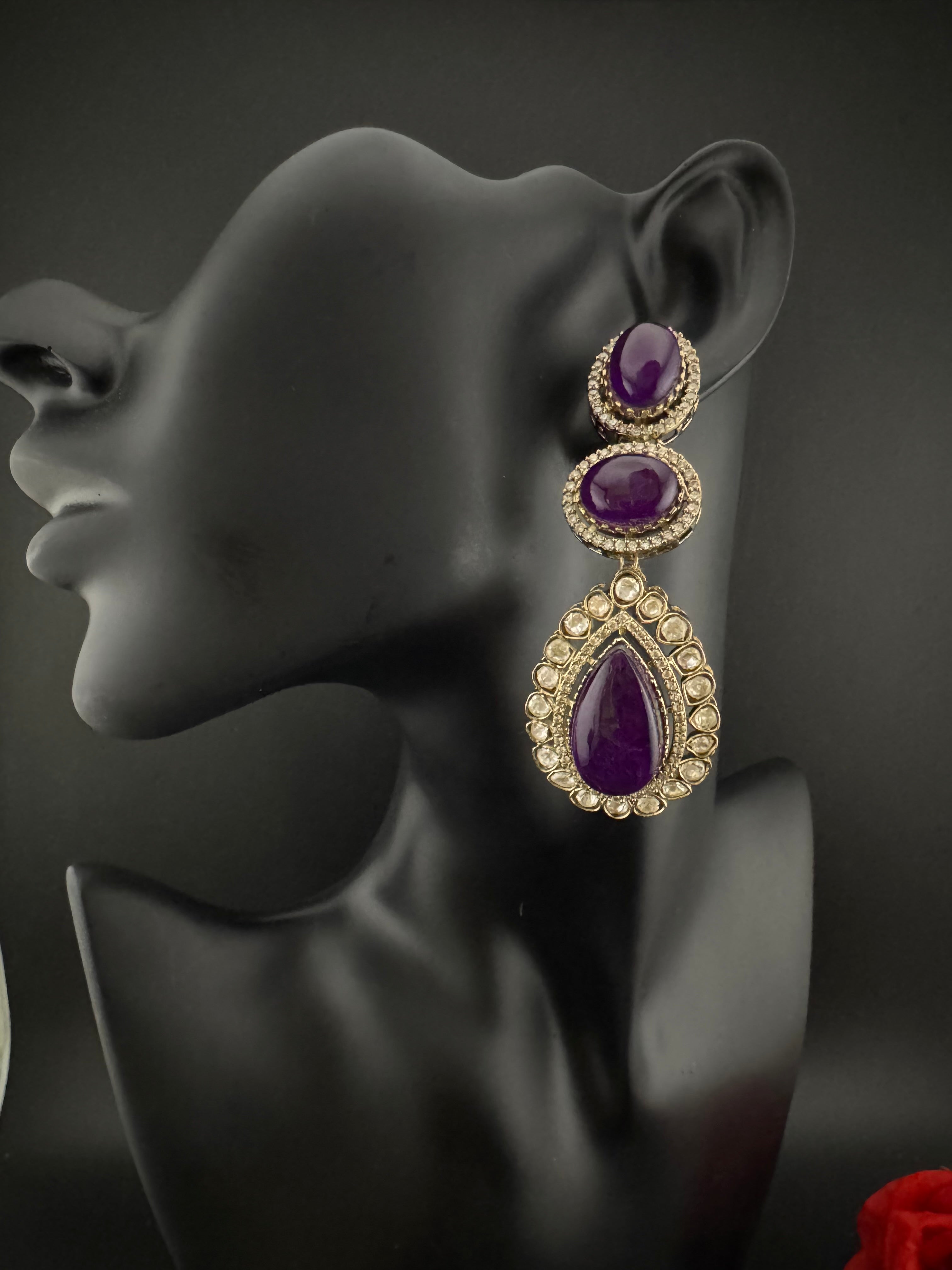 Purple and Gold Kundan, Doublet Stone Chandelier Long Earrings, Bridal, Moissanite, CZ, Designer jewelry