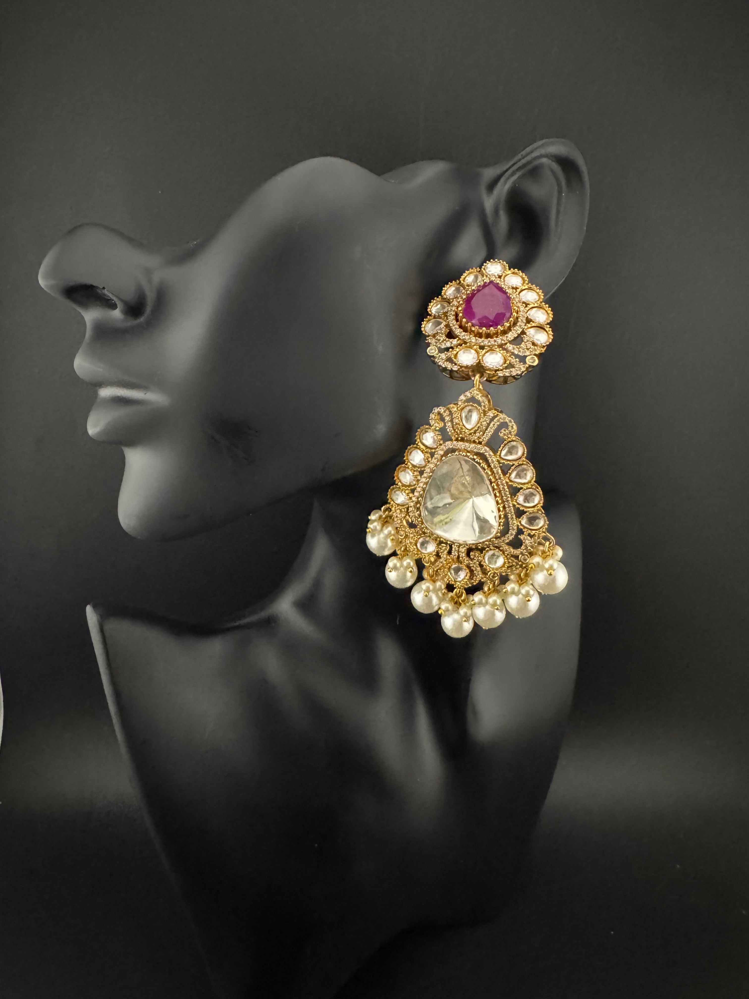 Purple and Gold Kundan, Pearls Chandelier Long Earrings, Bridal, Moissanite, CZ, Designer jewelry