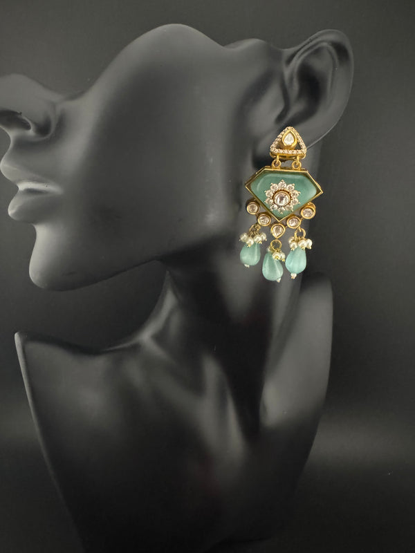 Gold Kundan, CZ, Stone, Pearls Chandelier Drop Earrings, Bridal Designer jewelry