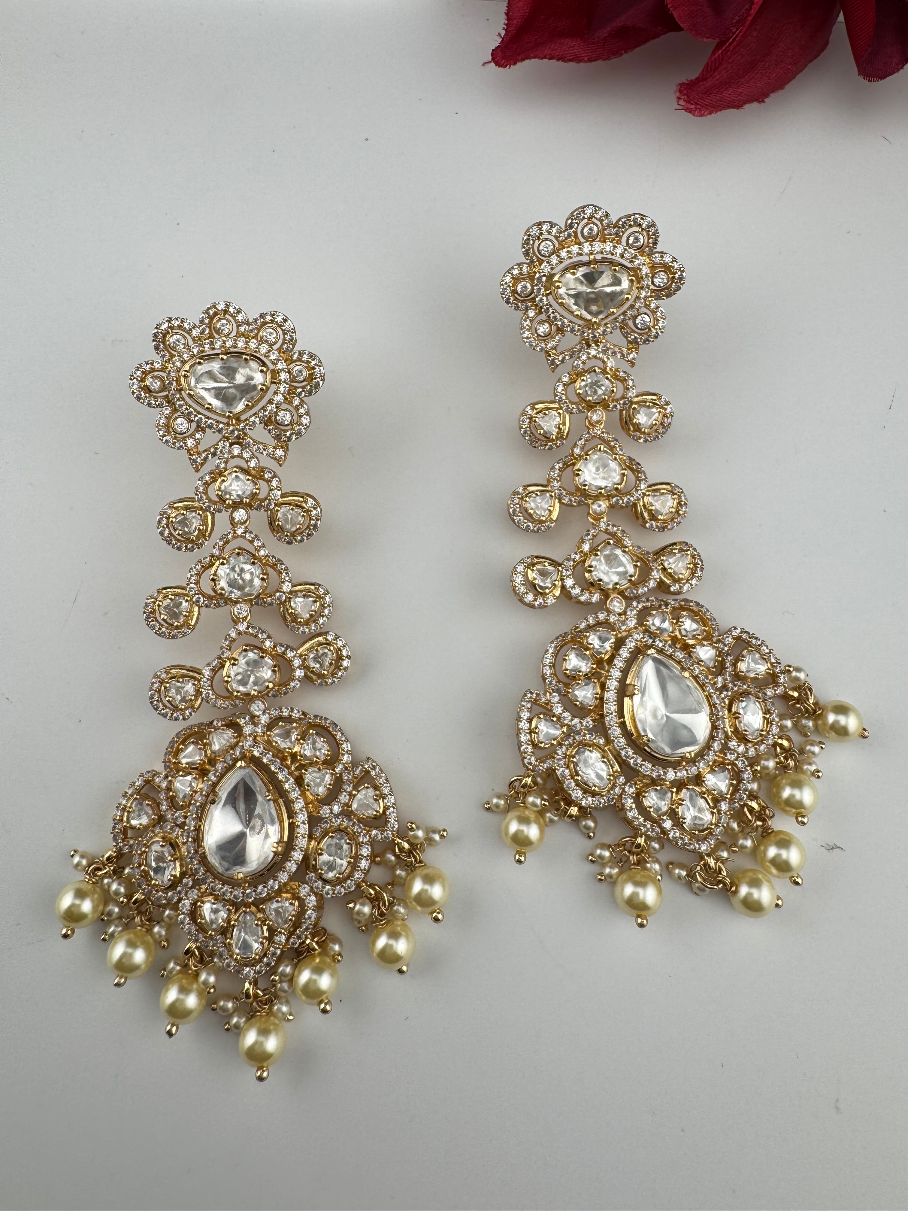White and Gold Kundan, Pearls Chandelier Long Earrings, Bridal, Moissanite, CZ, Designer jewelry