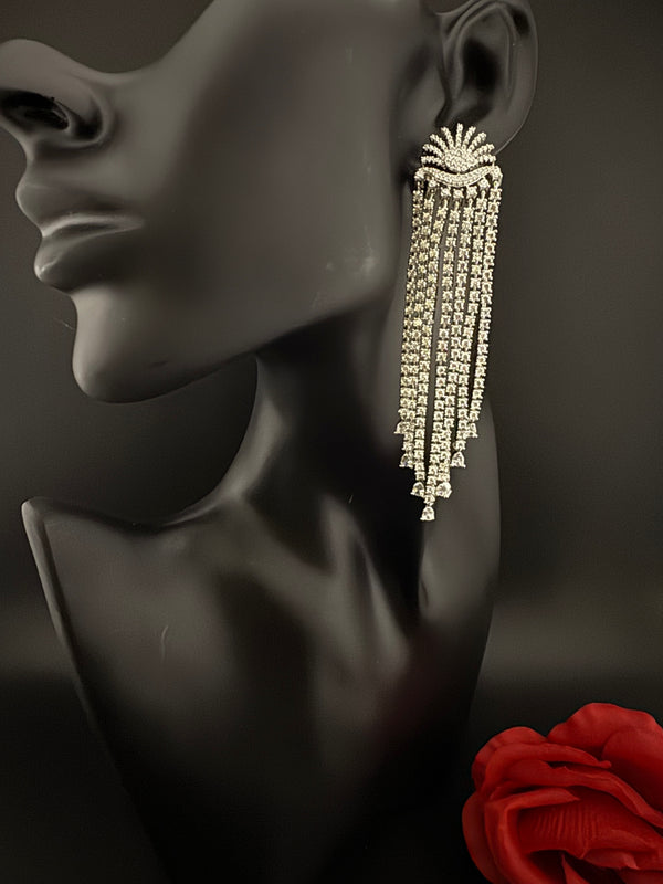 Premium Cubic Zirconia Chandelier extra long earrings, sun style long CZ tassel, Statement Long earring, Bridal, Party, Wedding jewelry