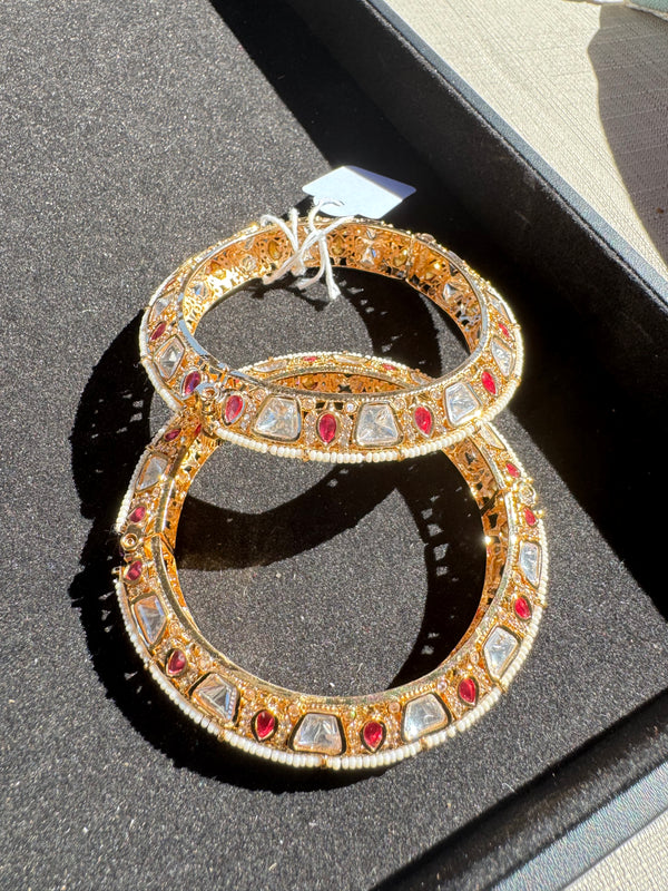 Pearls, Pachi Kundan, Moissanite Kundan, CZ, Openable Bracelet Bangle set of 2, Gold Polish