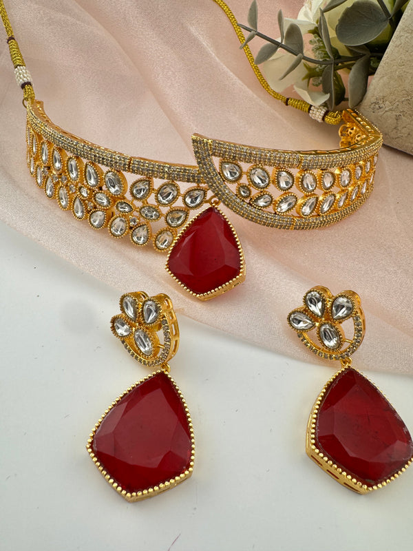 Kundan, CZ, Doublet Stone choker necklace set, Indian Bridal Jewelry set